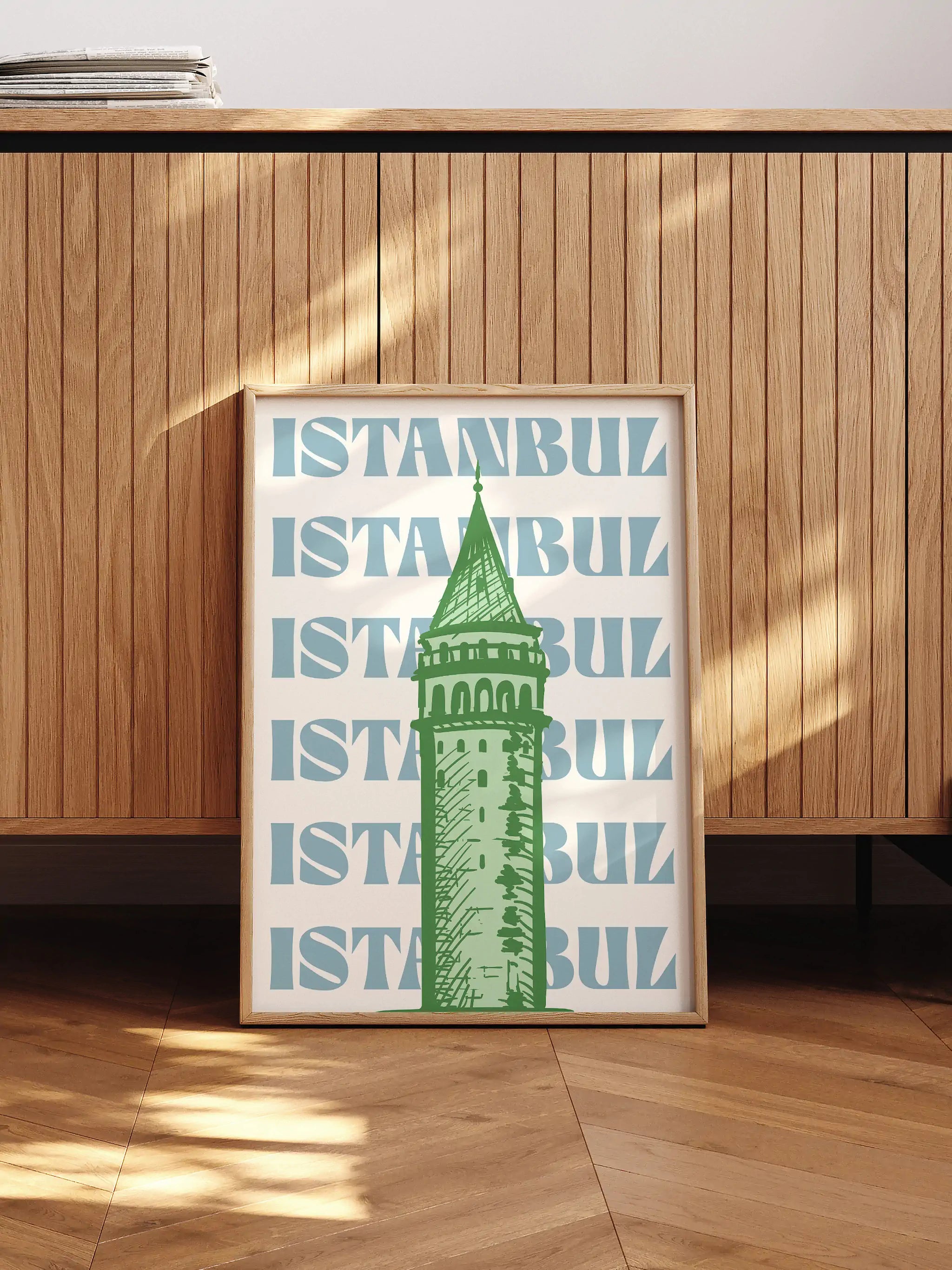 Artistic print featuring the Galata Tower and bold Istanbul text in a contemporary style.
